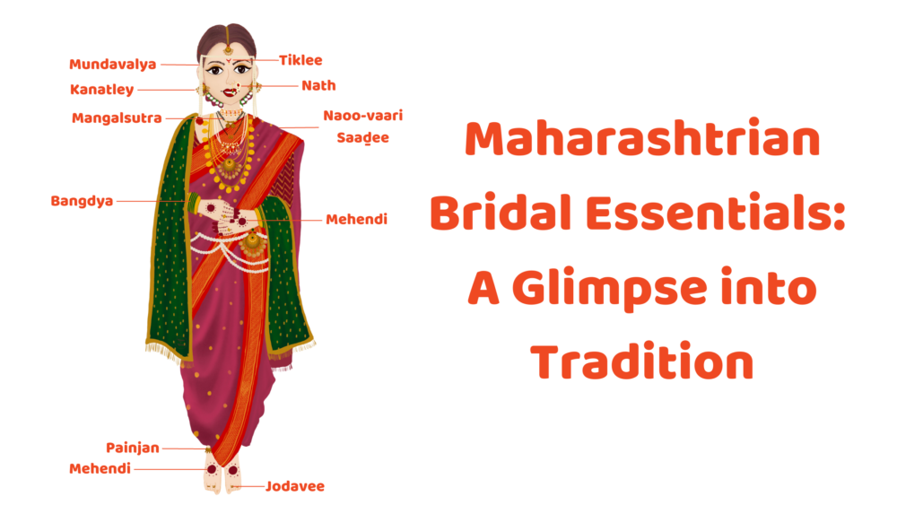 10 Essential Ornaments for a Marathi Bride Maharashtrian Bridal Essentials: A Glimpse into Tradition Illustration of an Indian bride with a description of each wedding ornament.