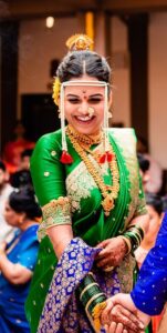 Marathi bride tressed in traditional wedding attire and ornaments