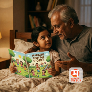 An adult reading a Marathi storybook to a child at bedtime, illustrating the emotional bond and cultural heritage passed down through Marathi storytelling and language in a family setting.