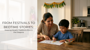 A parent and child in a modern home sitting together and working on a "Speak Marathi" Gudi Padwa coloring worksheet, showing how diaspora families keep Marathi traditions alive through education and play