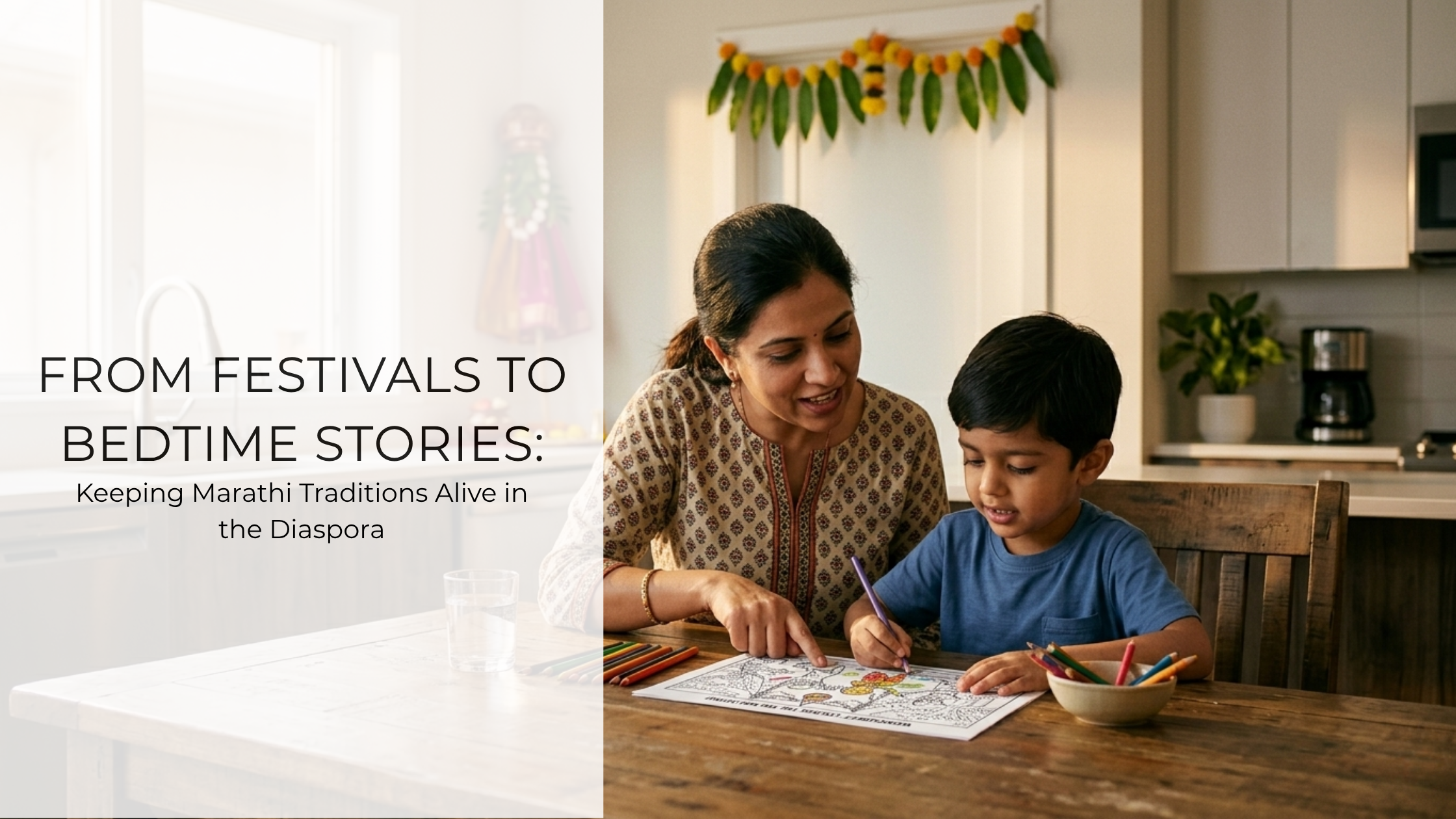A parent and child in a modern home sitting together and working on a "Speak Marathi" Gudi Padwa coloring worksheet, showing how diaspora families keep Marathi traditions alive through education and play